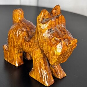 Hand Carved Wooden Dog Figurine Scottie‎ Terrier Animal Sculpture Decor Dark BRN
